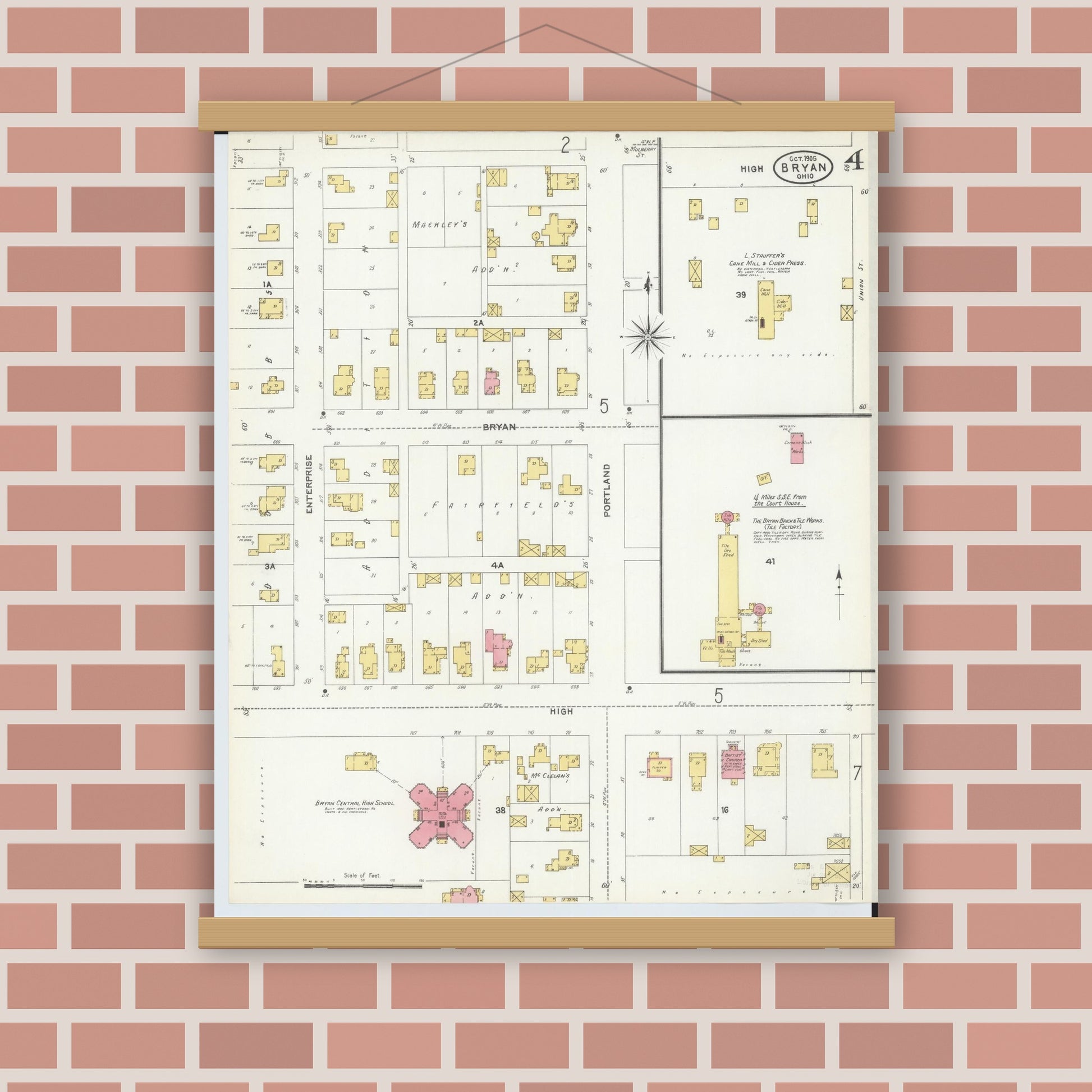Old map wall art mockup — magnetic wood frame on brick wall — Sanborn Fire Insurance Map from Bryan, Williams County, Ohio (1905), Sheet #0004
