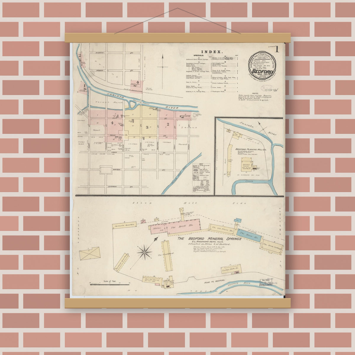 Old map wall art mockup — magnetic wood frame on brick wall — Sanborn Fire Insurance Map from Bedford, Bedford County, Pennsylvania (1885), Sheet #0001