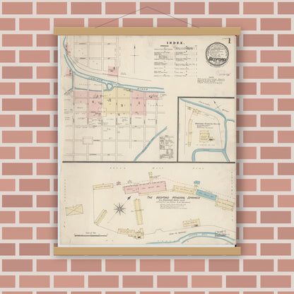 Old map wall art mockup — magnetic wood frame on brick wall — Sanborn Fire Insurance Map from Bedford, Bedford County, Pennsylvania (1885), Sheet #0001