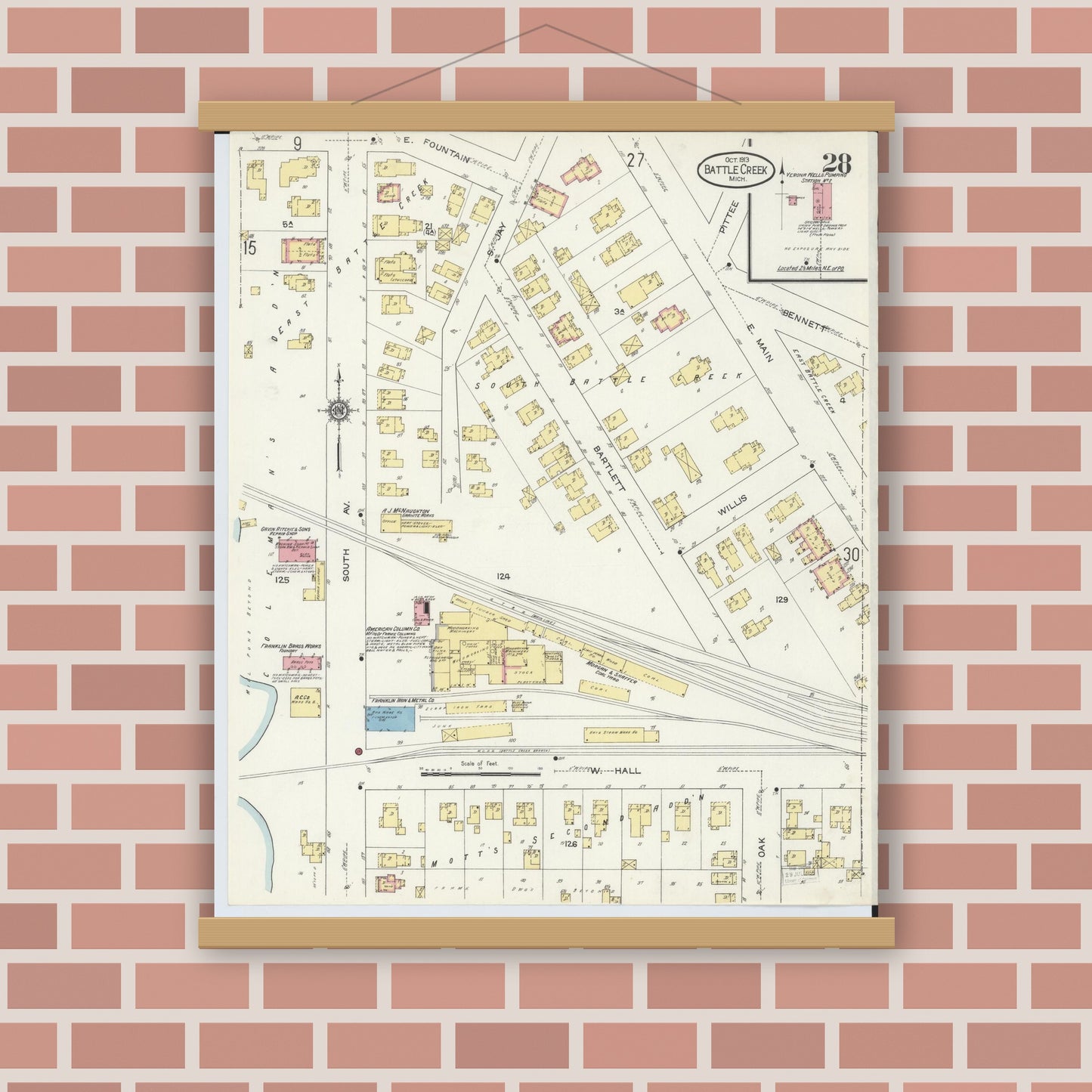 Old map wall art mockup — magnetic wood frame on brick wall — Sanborn Fire Insurance Map from Battle Creek, Calhoun County, Michigan (1913), Sheet #0028