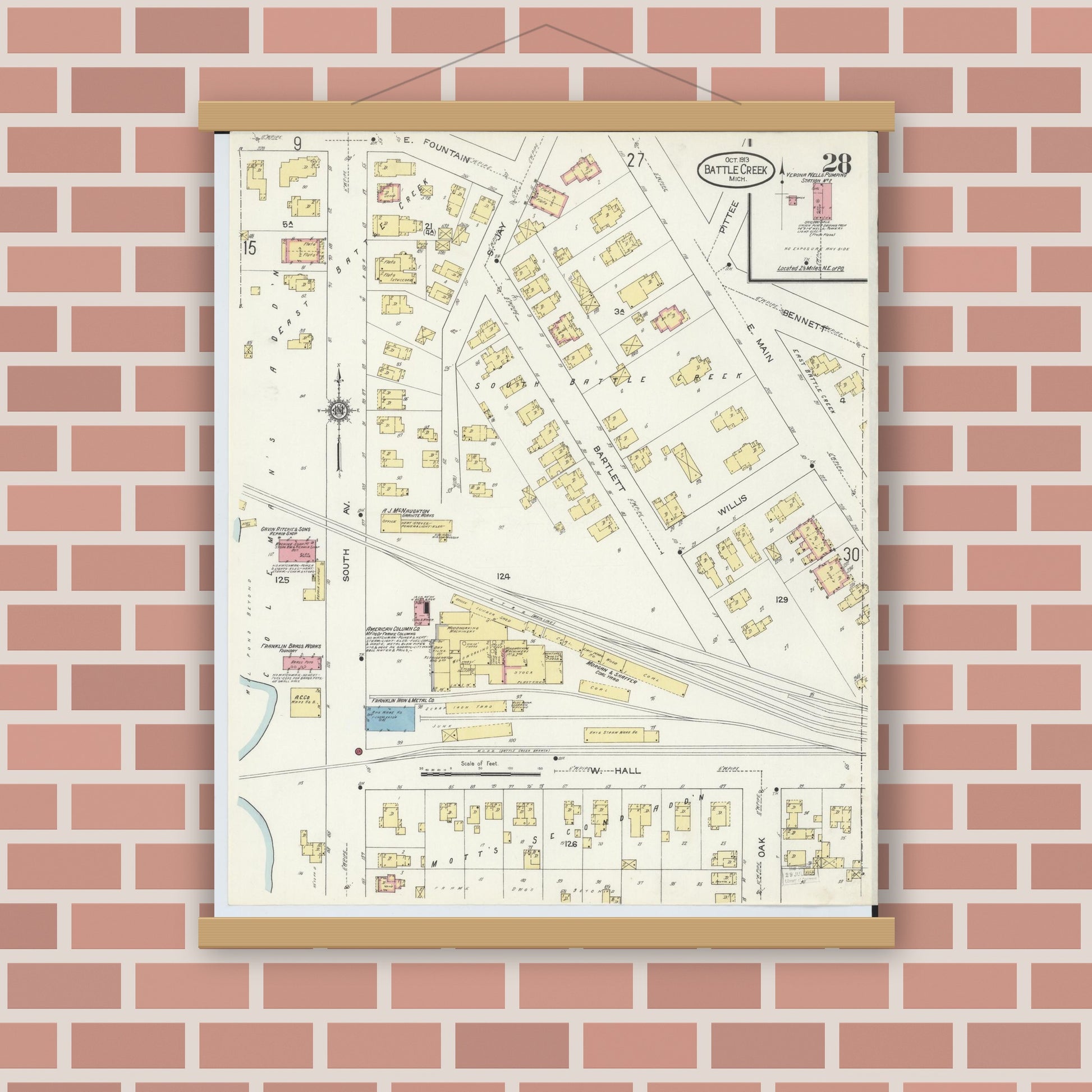 Old map wall art mockup — magnetic wood frame on brick wall — Sanborn Fire Insurance Map from Battle Creek, Calhoun County, Michigan (1913), Sheet #0028