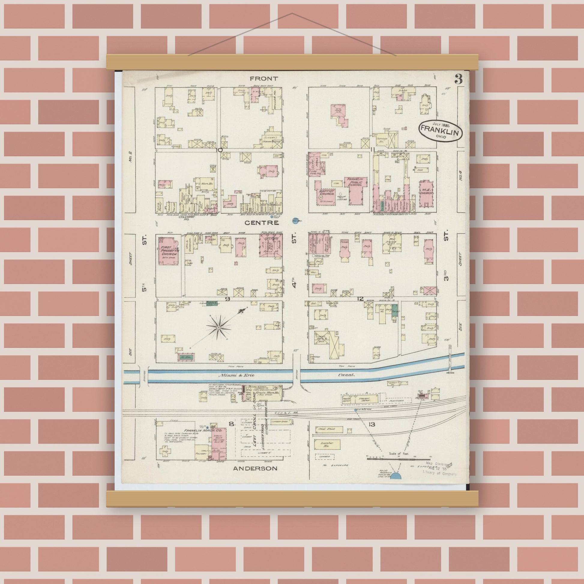 Old map wall art mockup — magnetic wood frame on brick wall — Sanborn Fire Insurance Map from Franklin, Warren County, Ohio (1885), Sheet #0003