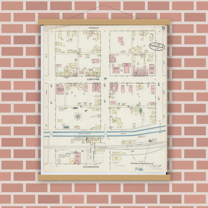 Old map wall art mockup — magnetic wood frame on brick wall — Sanborn Fire Insurance Map from Franklin, Warren County, Ohio (1885), Sheet #0003