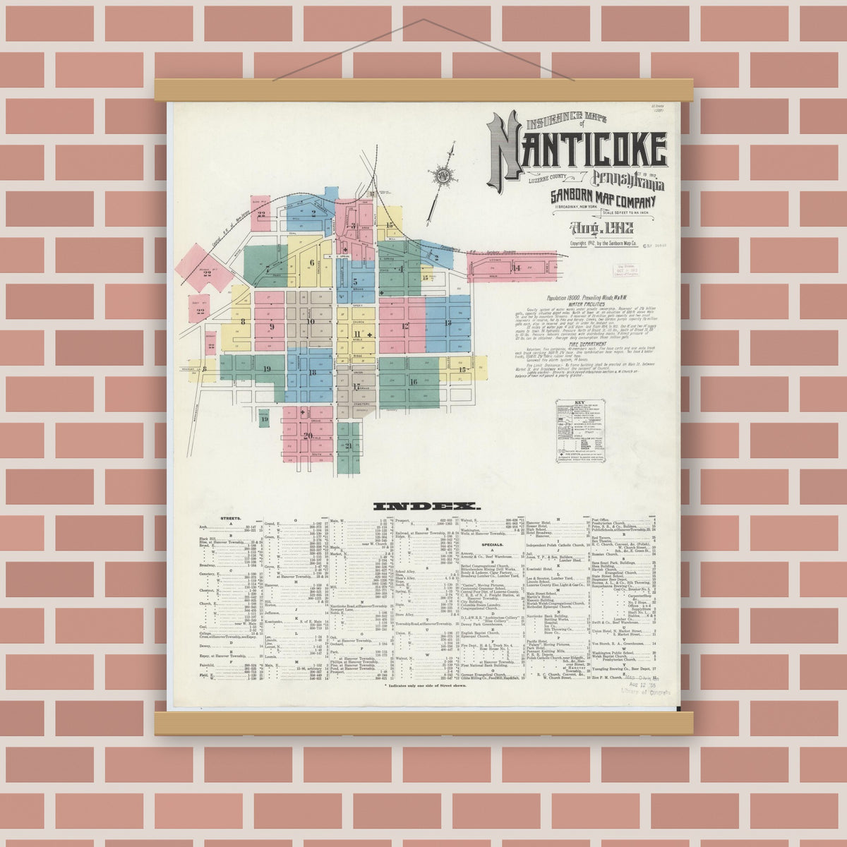 Old map wall art mockup — magnetic wood frame on brick wall — Sanborn Fire Insurance Map from Nanticoke, Luzerne County, Pennsylvania (1912), Sheet #0001