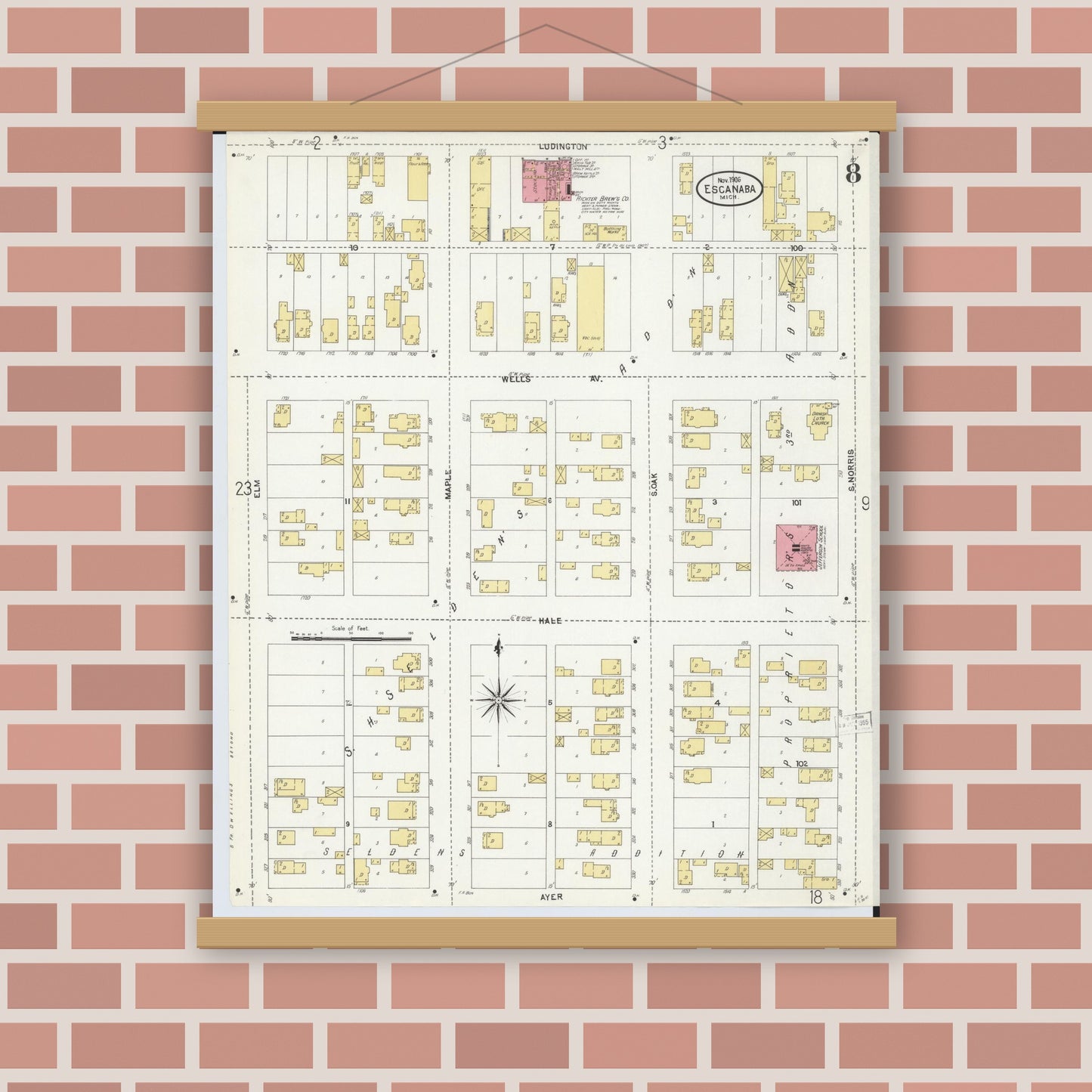 Old map wall art mockup — magnetic wood frame on brick wall — Sanborn Fire Insurance Map from Escanaba, Delta County, Michigan (1906), Sheet #0008