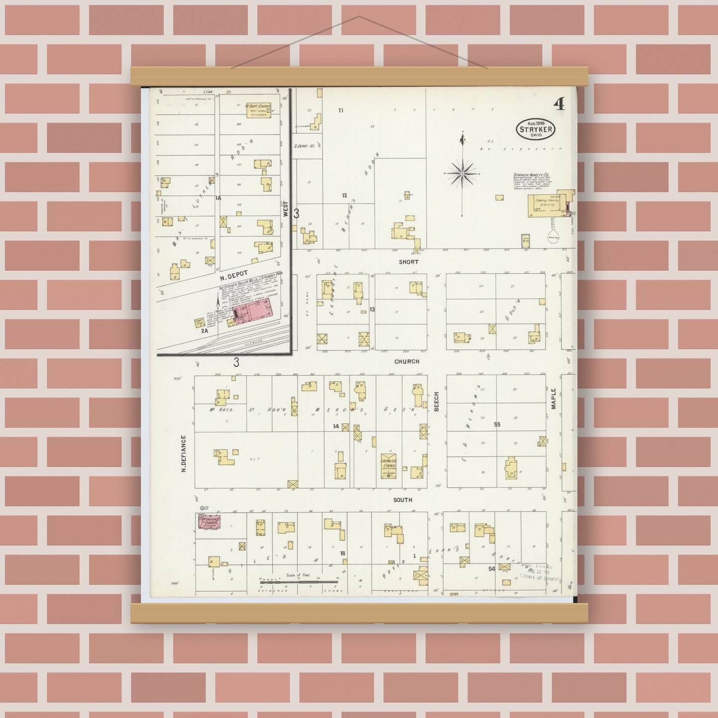 Old map wall art mockup — magnetic wood frame on brick wall — Sanborn Fire Insurance Map from Stryker, Williams County, Ohio (1899), Sheet #0004