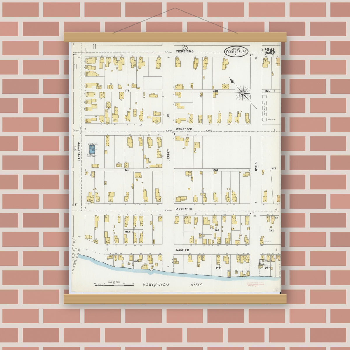 Old map wall art mockup — magnetic wood frame on brick wall — Sanborn Fire Insurance Map from Ogdensburg, St. Lawrence County, New York (1904), Sheet #0026