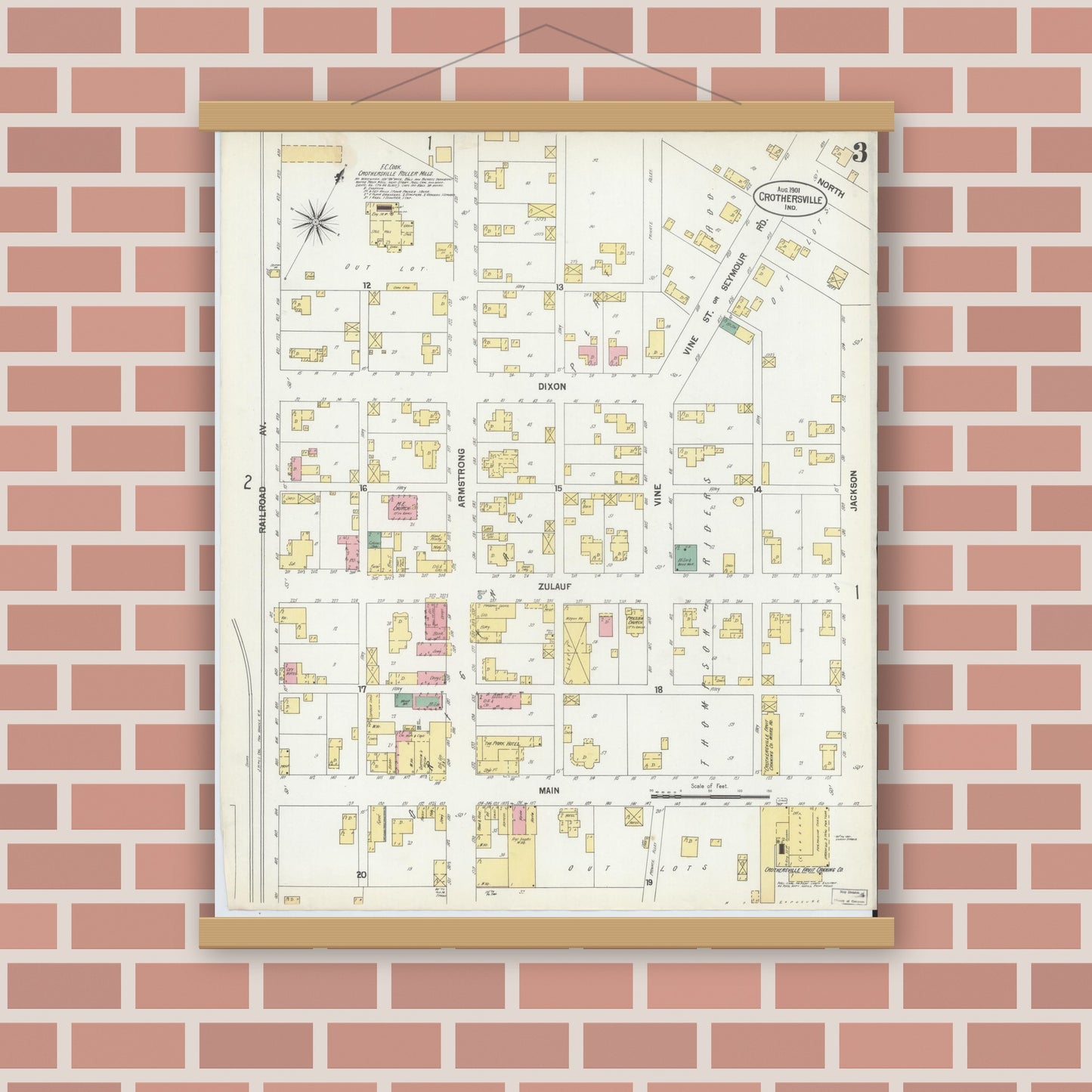 Old map wall art mockup — magnetic wood frame on brick wall — Sanborn Fire Insurance Map from Crothersville, Jackson County, Indiana (1901), Sheet #0003