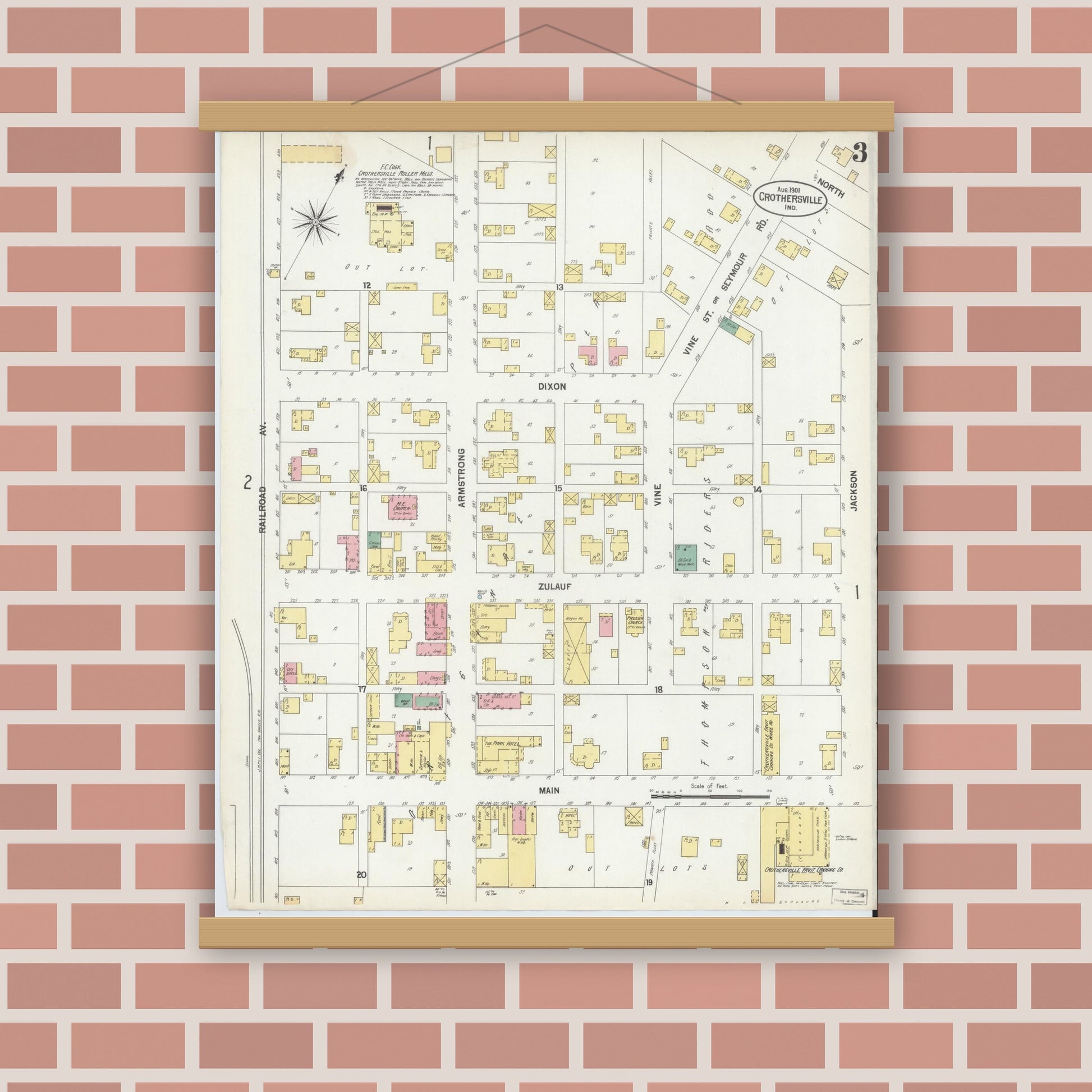 Old map wall art mockup — magnetic wood frame on brick wall — Sanborn Fire Insurance Map from Crothersville, Jackson County, Indiana (1901), Sheet #0003