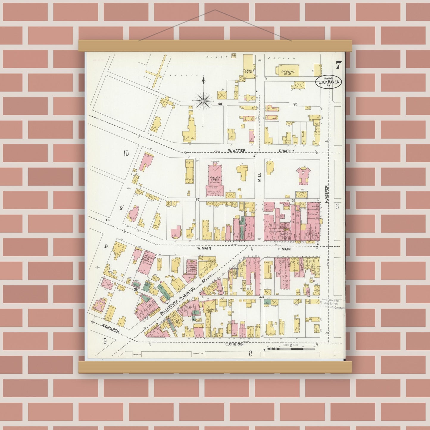 Old map wall art mockup — magnetic wood frame on brick wall — Sanborn Fire Insurance Map from Lock Haven, Clinton County, Pennsylvania (1901), Sheet #0007