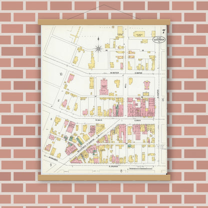 Old map wall art mockup — magnetic wood frame on brick wall — Sanborn Fire Insurance Map from Lock Haven, Clinton County, Pennsylvania (1901), Sheet #0007