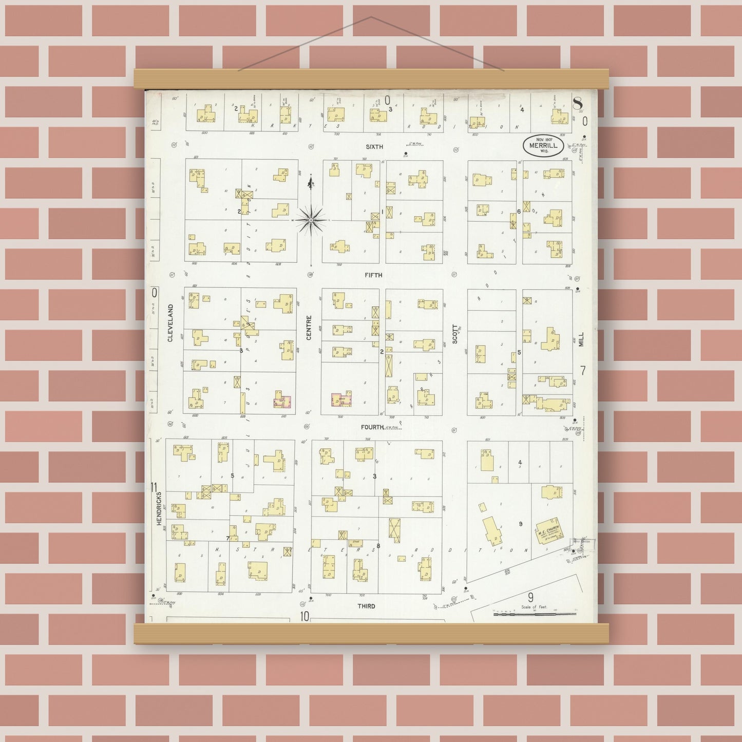 Old map wall art mockup — magnetic wood frame on brick wall — Sanborn Fire Insurance Map from Merrill, Lincoln County, Wisconsin (1907), Sheet #0008