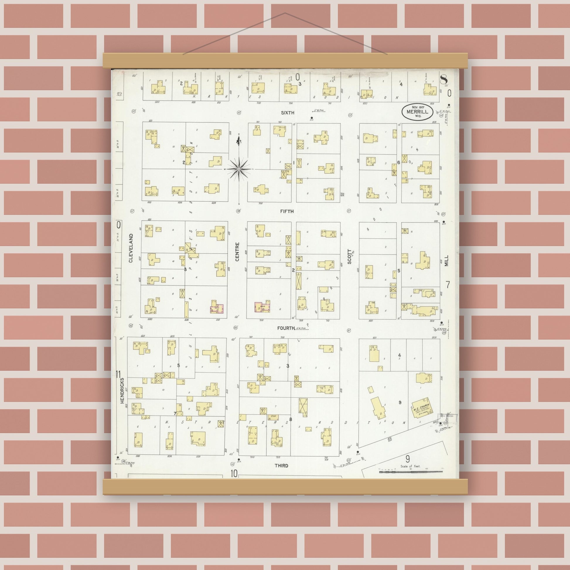 Old map wall art mockup — magnetic wood frame on brick wall — Sanborn Fire Insurance Map from Merrill, Lincoln County, Wisconsin (1907), Sheet #0008