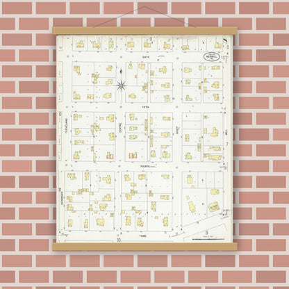 Old map wall art mockup — magnetic wood frame on brick wall — Sanborn Fire Insurance Map from Merrill, Lincoln County, Wisconsin (1907), Sheet #0008