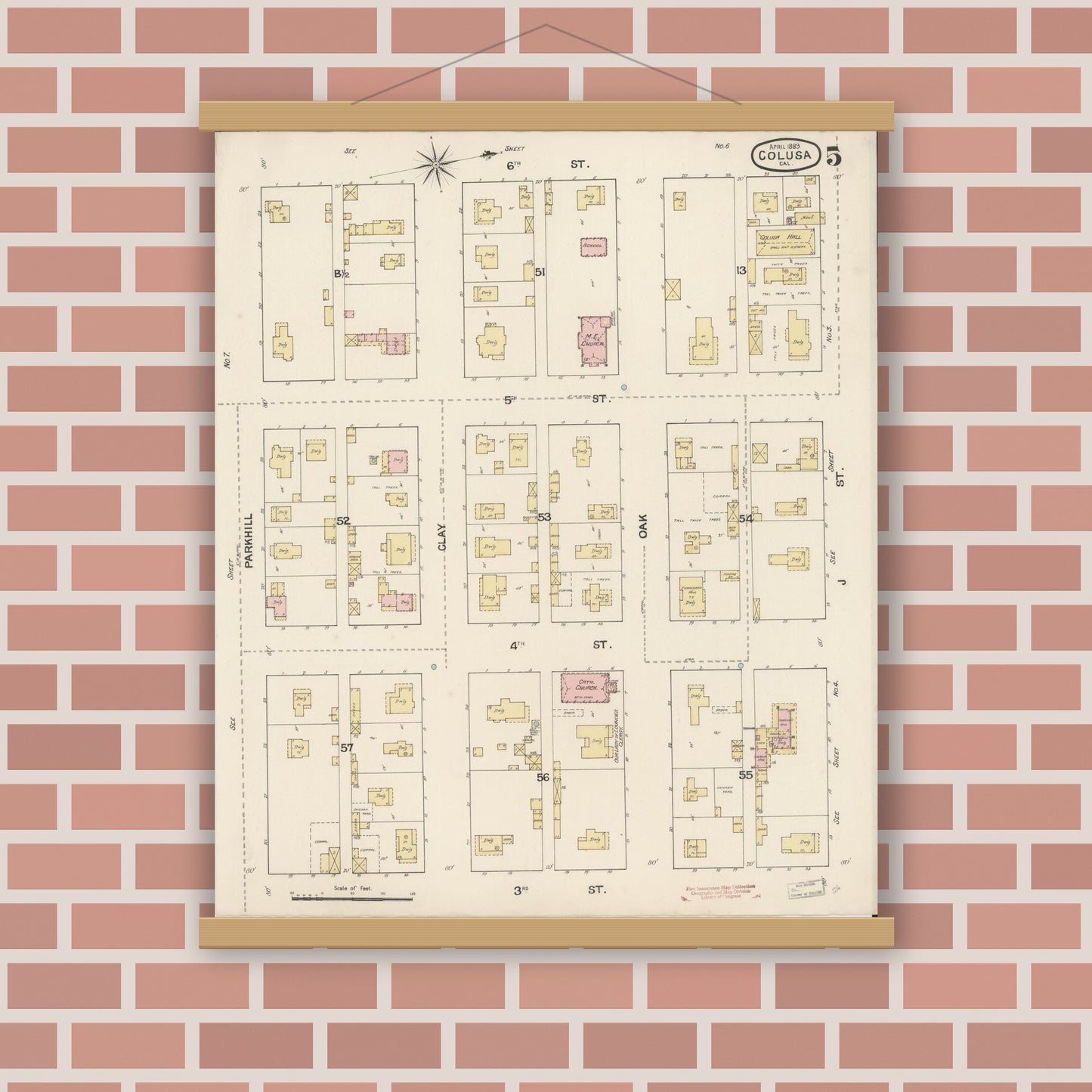 Old map wall art mockup — magnetic wood frame on brick wall — Sanborn Fire Insurance Map from Colusa, Colusa County, California (1889), Sheet #0005