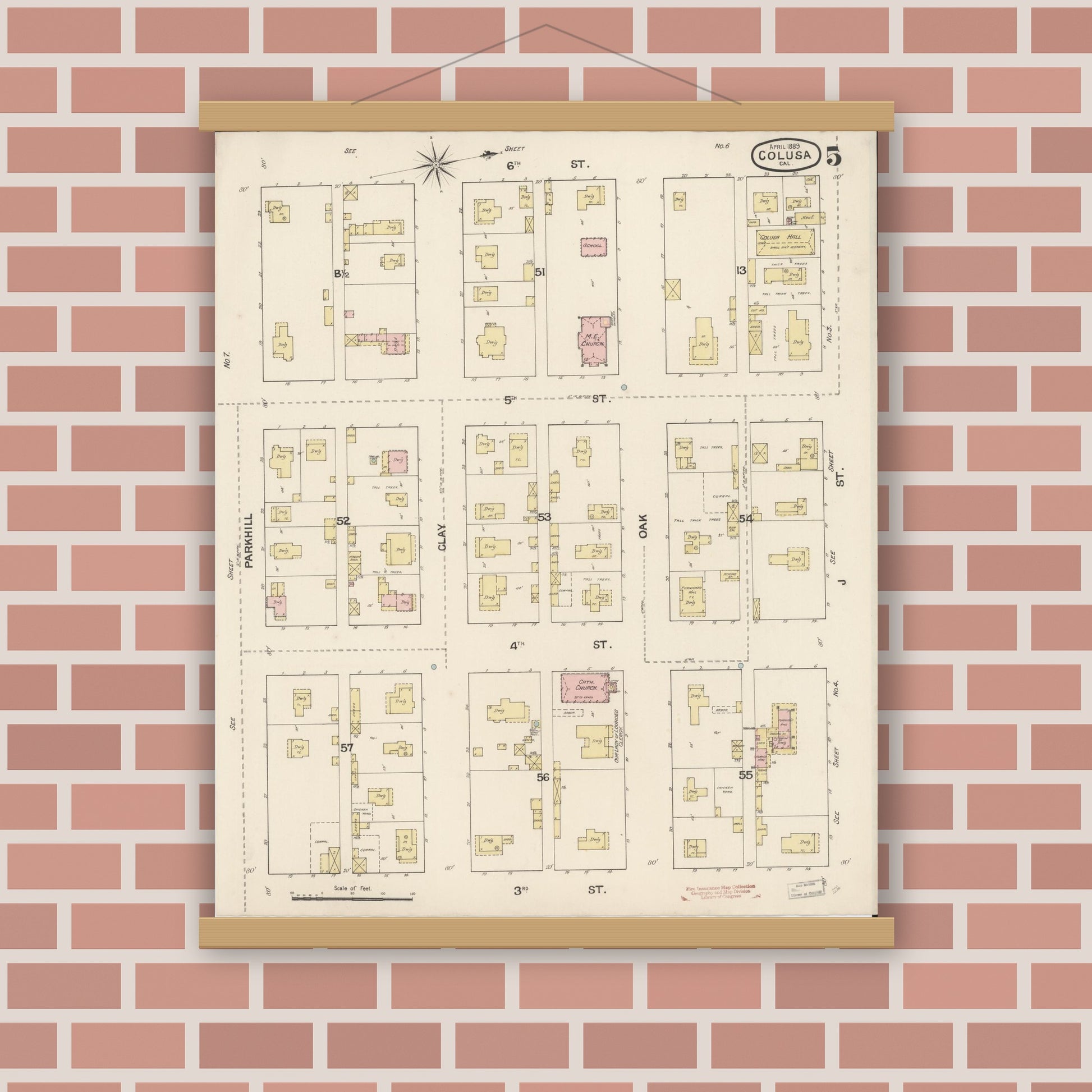 Old map wall art mockup — magnetic wood frame on brick wall — Sanborn Fire Insurance Map from Colusa, Colusa County, California (1889), Sheet #0005