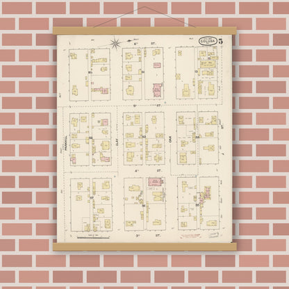 Old map wall art mockup — magnetic wood frame on brick wall — Sanborn Fire Insurance Map from Colusa, Colusa County, California (1889), Sheet #0005