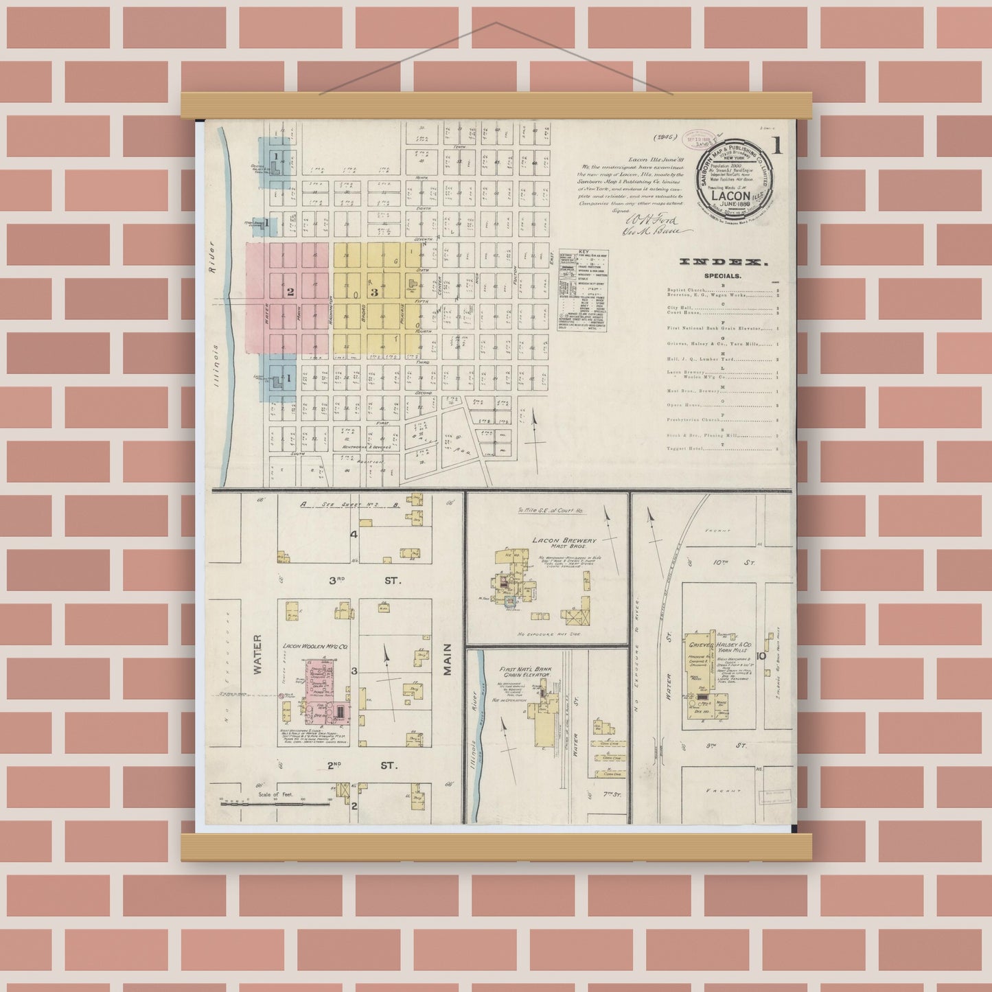 Old map wall art mockup — magnetic wood frame on brick wall — Sanborn Fire Insurance Map from Lacon, Marshall County, Illinois (1888), Sheet #0001
