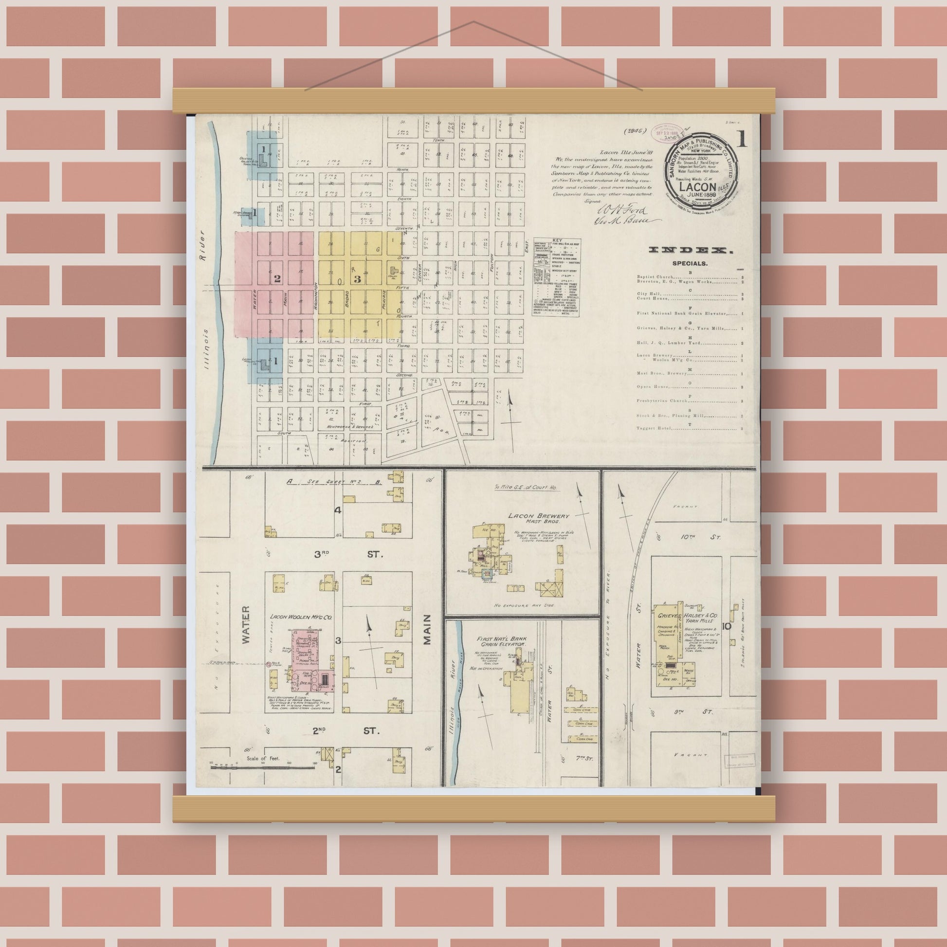 Old map wall art mockup — magnetic wood frame on brick wall — Sanborn Fire Insurance Map from Lacon, Marshall County, Illinois (1888), Sheet #0001