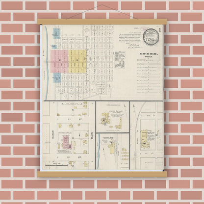 Old map wall art mockup — magnetic wood frame on brick wall — Sanborn Fire Insurance Map from Lacon, Marshall County, Illinois (1888), Sheet #0001