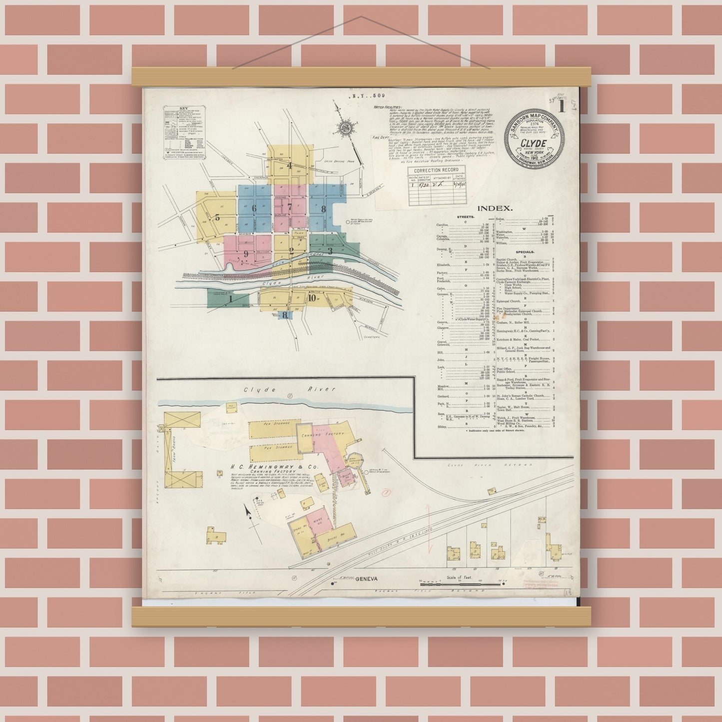 Old map wall art mockup — magnetic wood frame on brick wall — Sanborn Fire Insurance Map from Clyde, Wayne County, New York (1932) - Complete Map Set
