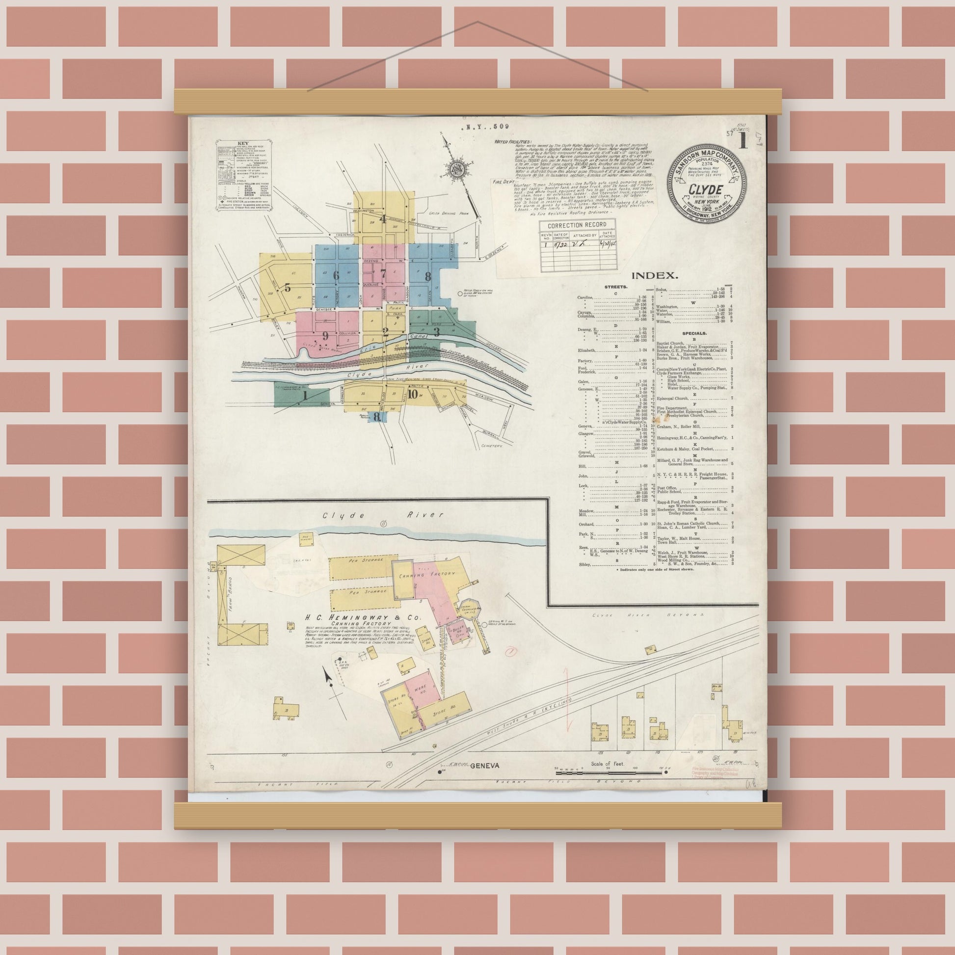 Old map wall art mockup — magnetic wood frame on brick wall — Sanborn Fire Insurance Map from Clyde, Wayne County, New York (1932) - Complete Map Set