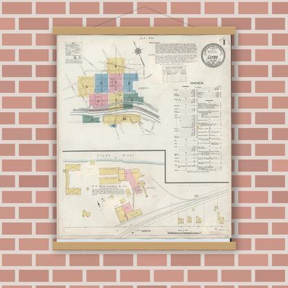 Old map wall art mockup — magnetic wood frame on brick wall — Sanborn Fire Insurance Map from Clyde, Wayne County, New York (1932) - Complete Map Set