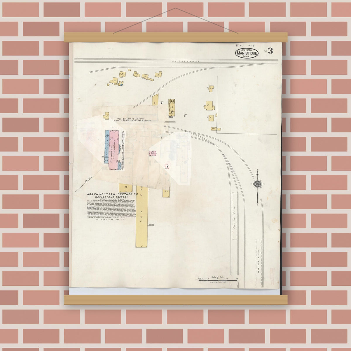 Old map wall art mockup — magnetic wood frame on brick wall — Sanborn Fire Insurance Map from Manistique, Schoolcraft County, Michigan (1950), Sheet #0003