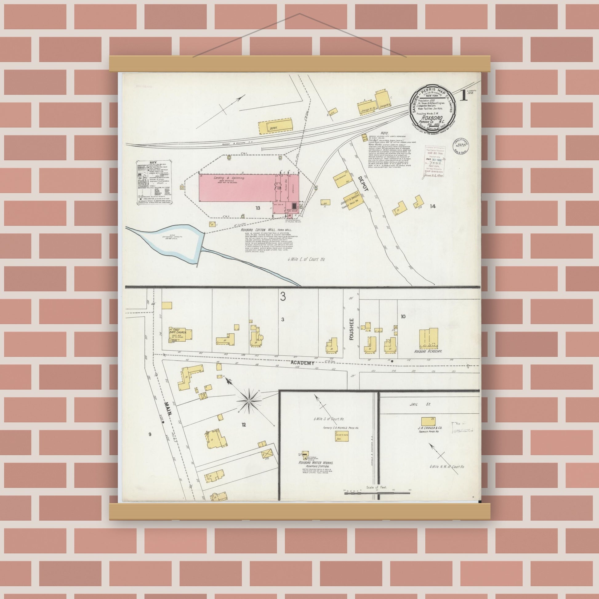 Old map wall art mockup — magnetic wood frame on brick wall — Sanborn Fire Insurance Map from Roxboro, Person County, North Carolina (1900) - Complete Map Set