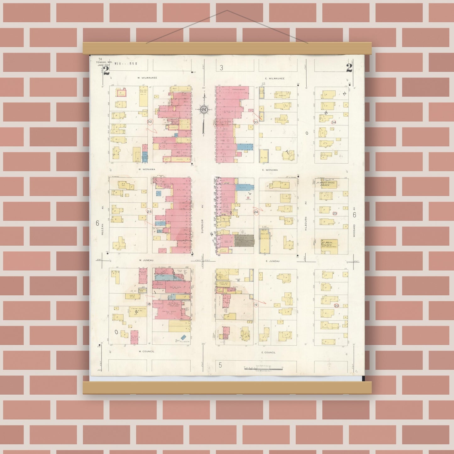 Old map wall art mockup — magnetic wood frame on brick wall — Sanborn Fire Insurance Map from Tomah, Monroe County, Wisconsin (1944), Sheet #0002