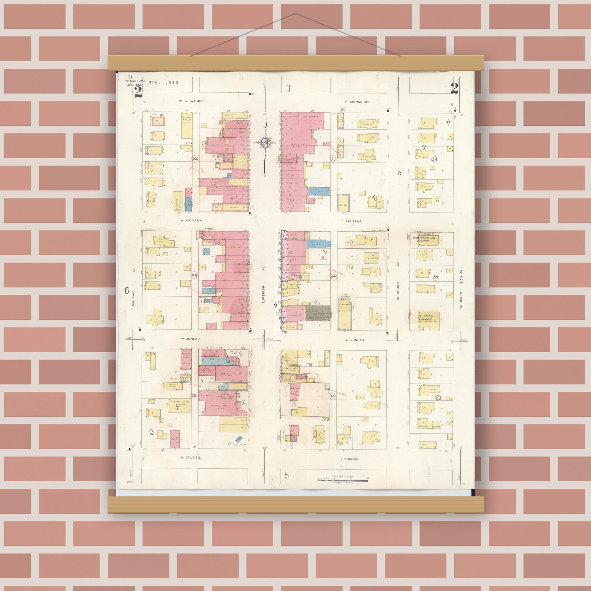 Old map wall art mockup — magnetic wood frame on brick wall — Sanborn Fire Insurance Map from Tomah, Monroe County, Wisconsin (1944), Sheet #0002