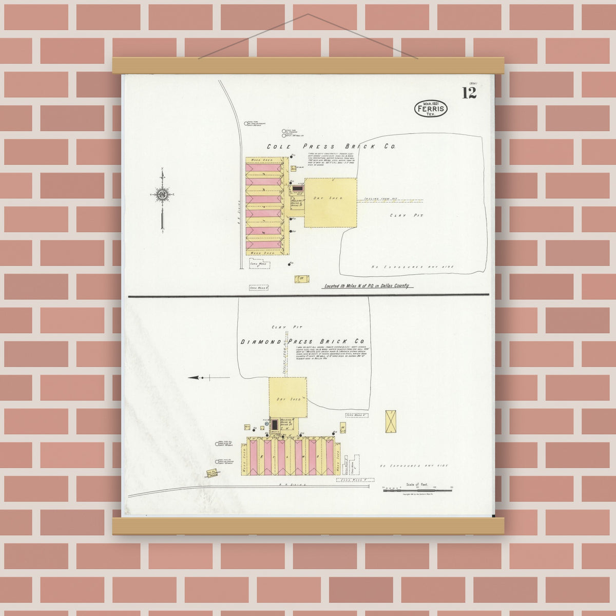 Old map wall art mockup — magnetic wood frame on brick wall — Sanborn Fire Insurance Map from Ferris, Ellis County, Texas (1921), Sheet #0012