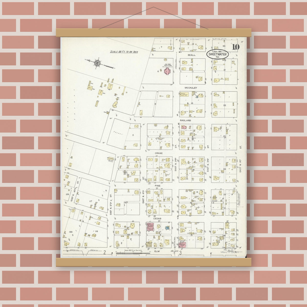 Old map wall art mockup — magnetic wood frame on brick wall — Sanborn Fire Insurance Map from Sweetwater, Nolan County, Texas (1914), Sheet #0010