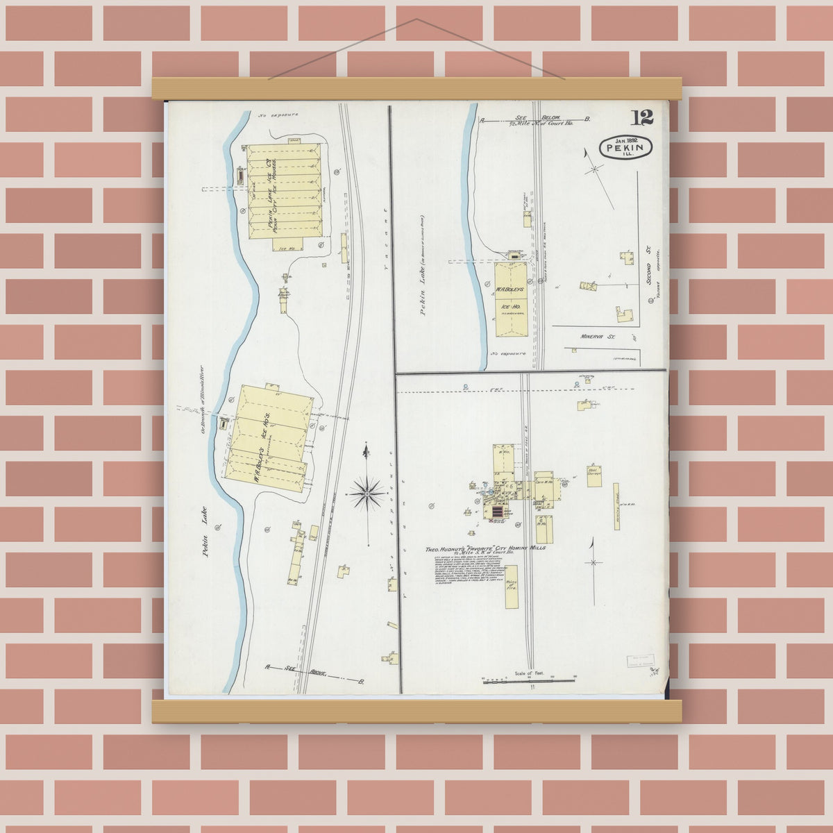 Old map wall art mockup — magnetic wood frame on brick wall — Sanborn Fire Insurance Map from Pekin, Tazewell County, Illinois (1892), Sheet #0012