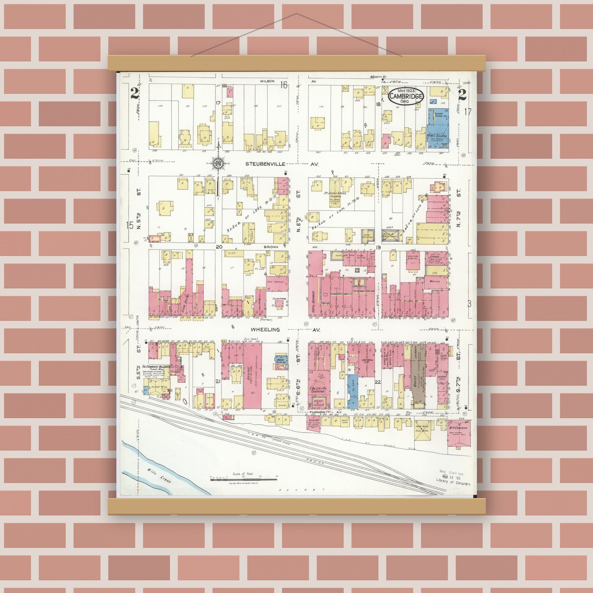 Old map wall art mockup — magnetic wood frame on brick wall — Sanborn Fire Insurance Map from Cambridge, Guernsey County, Ohio (1923), Sheet #0002