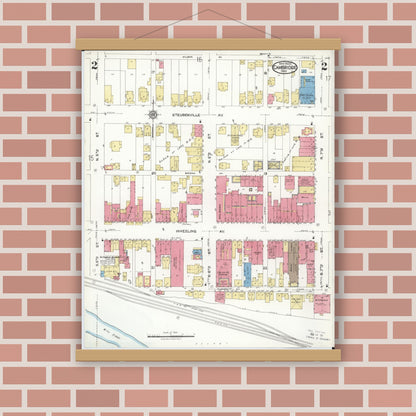 Old map wall art mockup — magnetic wood frame on brick wall — Sanborn Fire Insurance Map from Cambridge, Guernsey County, Ohio (1923), Sheet #0002