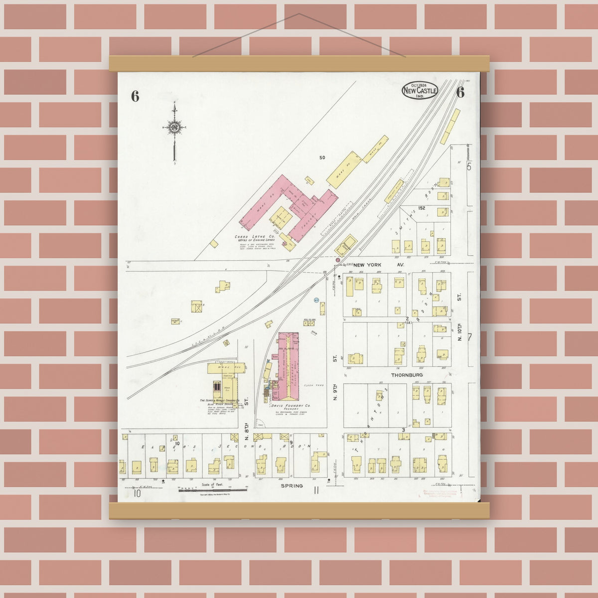 Old map wall art mockup — magnetic wood frame on brick wall — Sanborn Fire Insurance Map from New Castle, Henry County, Indiana (1924), Sheet #0006