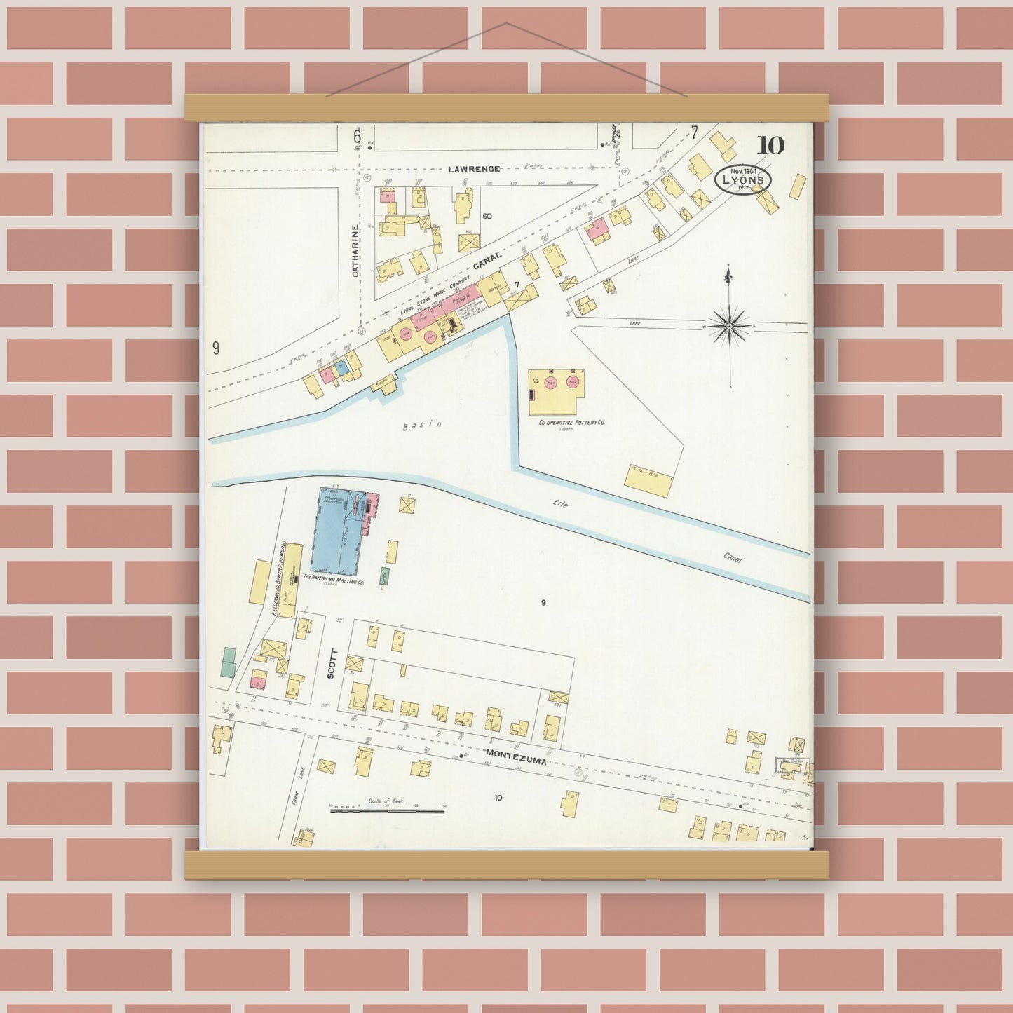 Old map wall art mockup — magnetic wood frame on brick wall — Sanborn Fire Insurance Map from Lyons, Wayne County, New York (1904), Sheet #0010