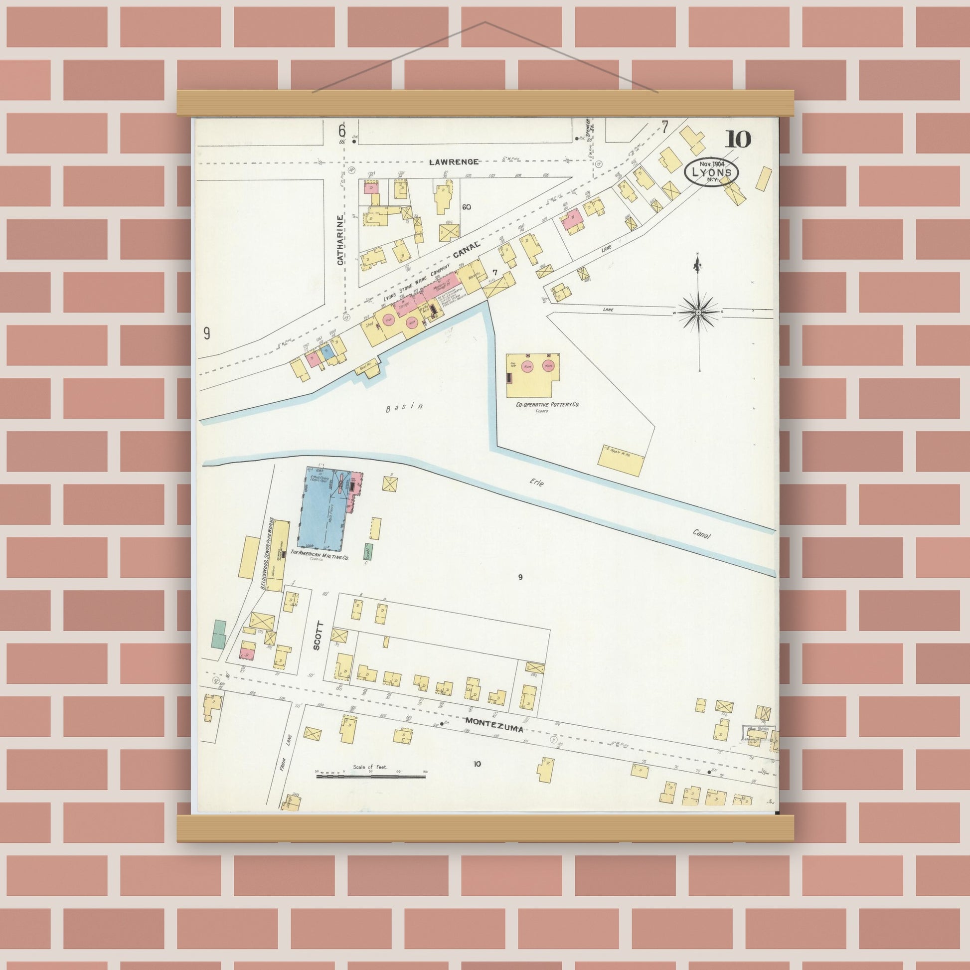 Old map wall art mockup — magnetic wood frame on brick wall — Sanborn Fire Insurance Map from Lyons, Wayne County, New York (1904), Sheet #0010