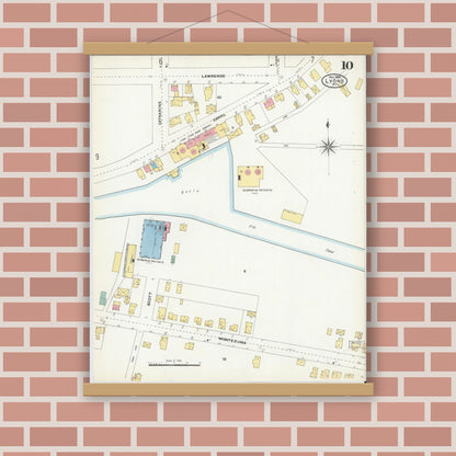 Old map wall art mockup — magnetic wood frame on brick wall — Sanborn Fire Insurance Map from Lyons, Wayne County, New York (1904), Sheet #0010