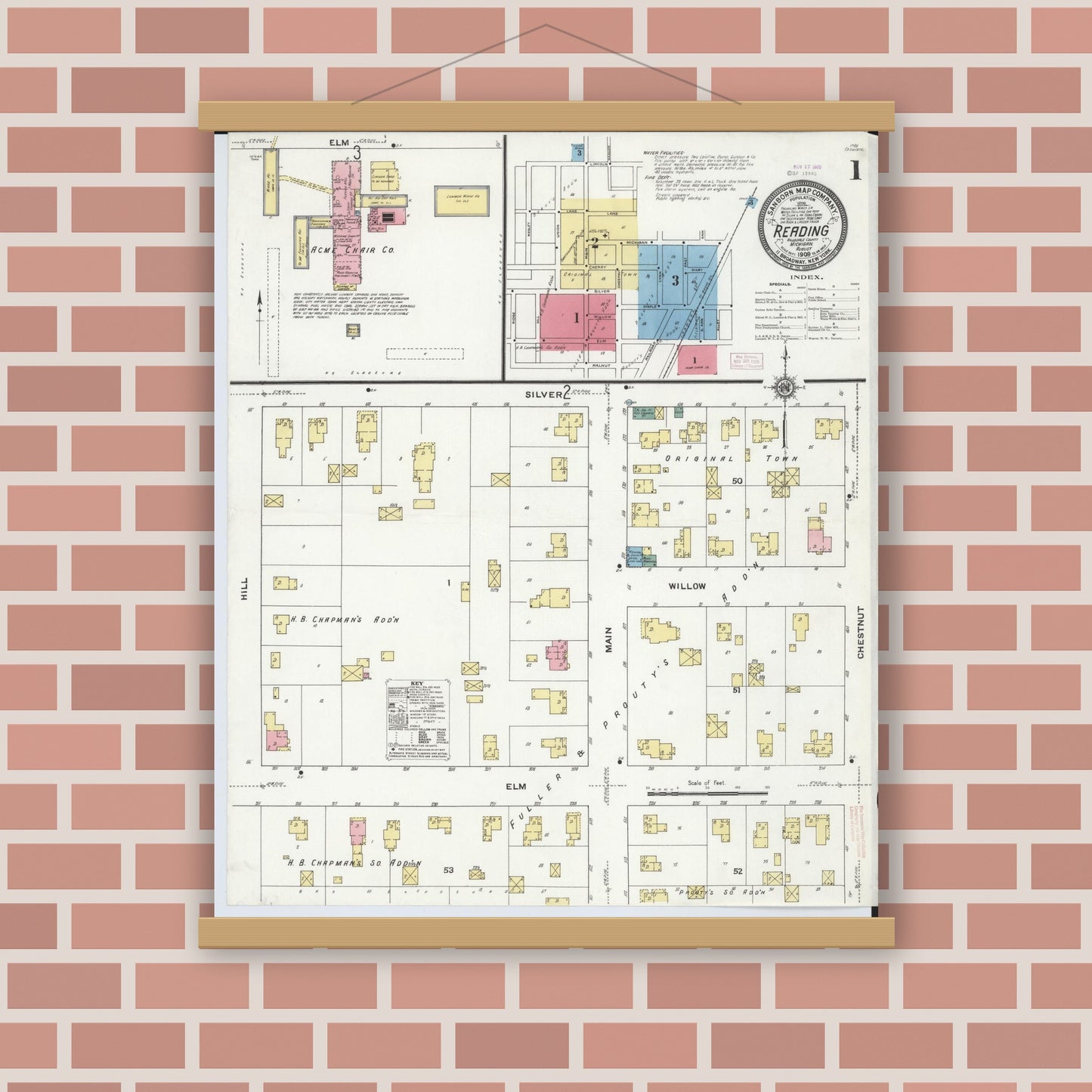 Old map wall art mockup — magnetic wood frame on brick wall — Sanborn Fire Insurance Map from Reading, Hillsdale County, Michigan (1909) - Complete Map Set