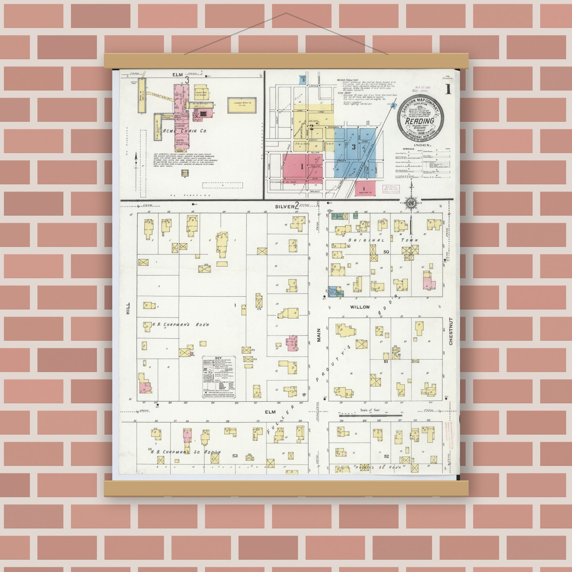 Old map wall art mockup — magnetic wood frame on brick wall — Sanborn Fire Insurance Map from Reading, Hillsdale County, Michigan (1909) - Complete Map Set