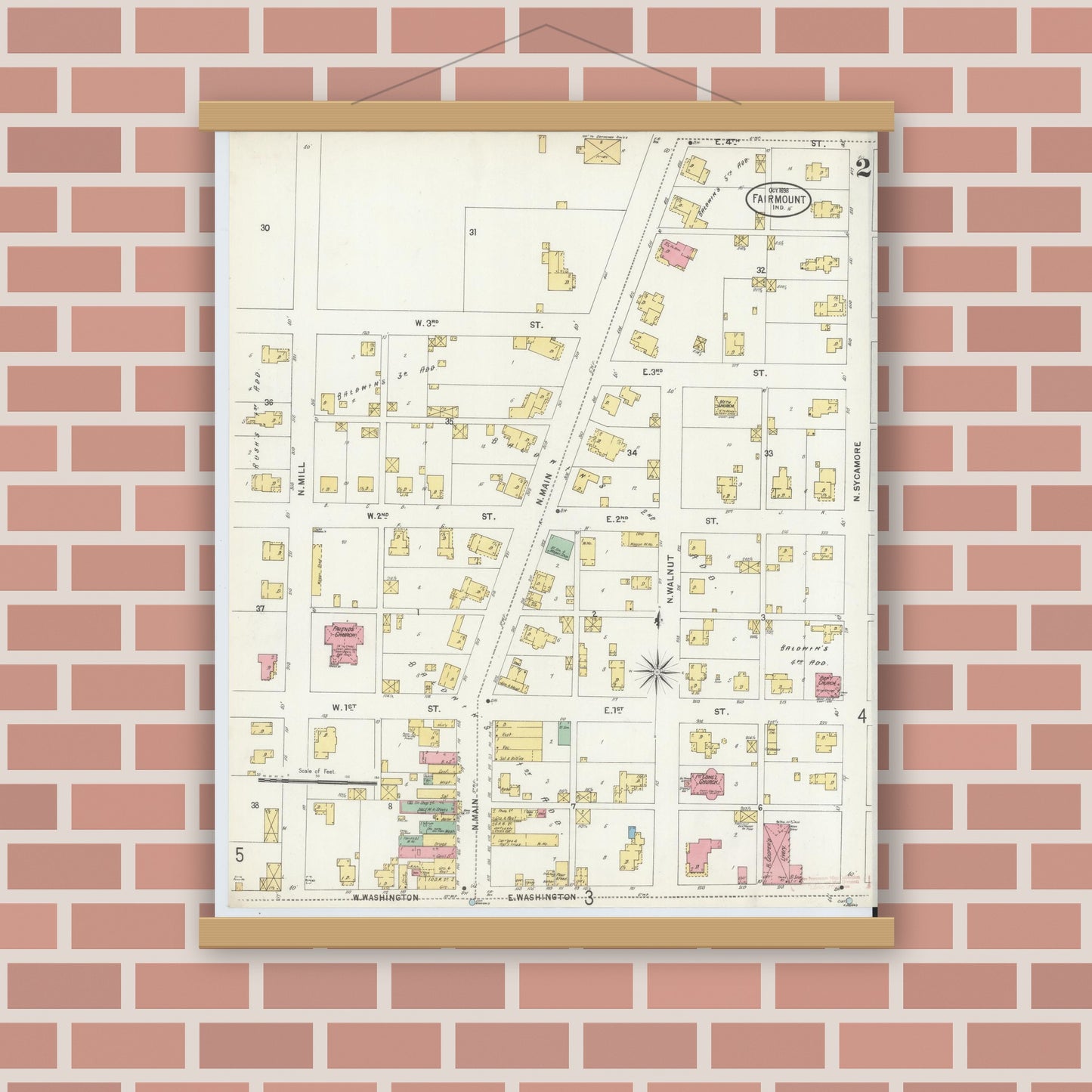 Old map wall art mockup — magnetic wood frame on brick wall — Sanborn Fire Insurance Map from Fairmount, Grant County, Indiana (1898), Sheet #0002