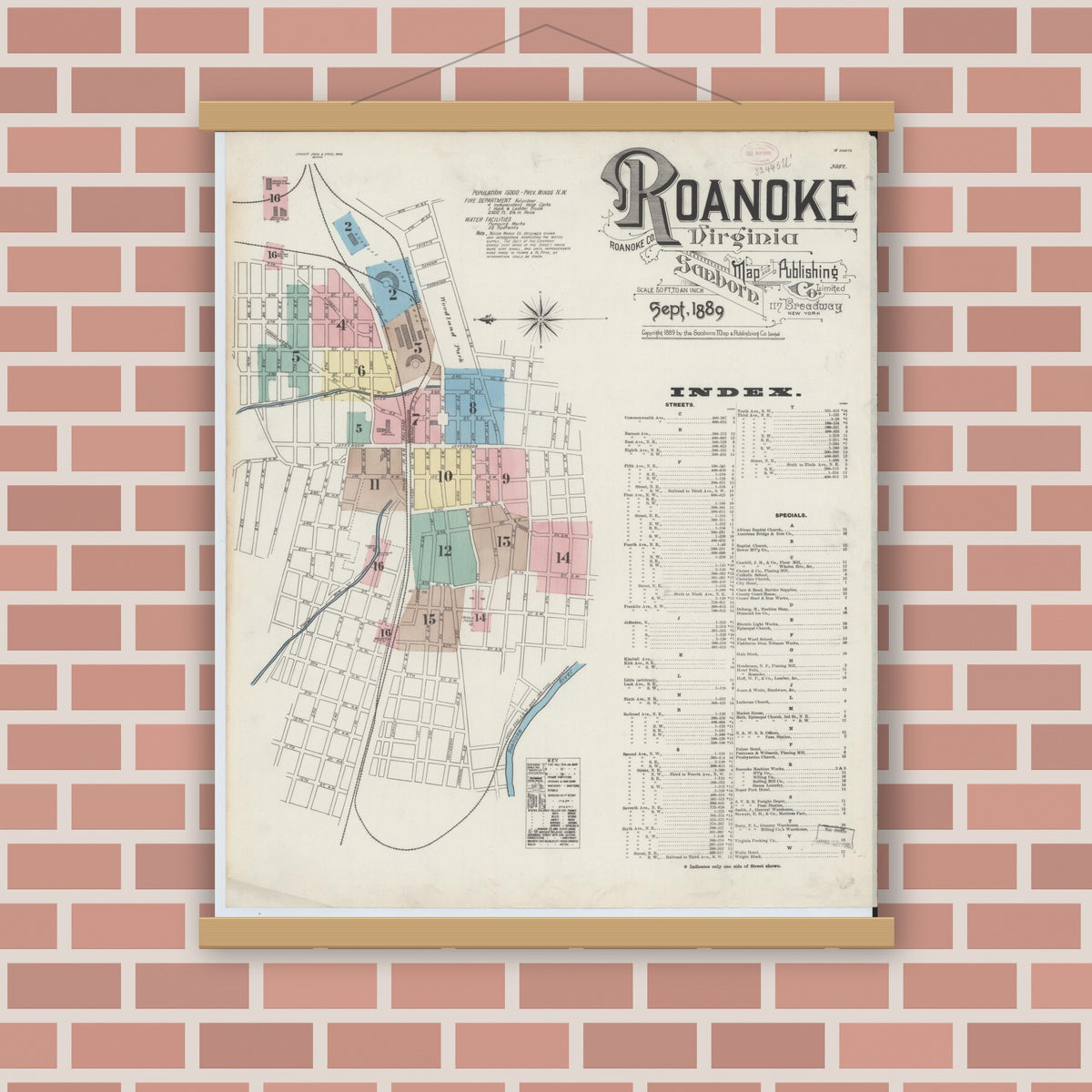 Old map wall art mockup — magnetic wood frame on brick wall — Sanborn Fire Insurance Map from Roanoke, Independent Cities, Virginia (1889), Sheet #0001