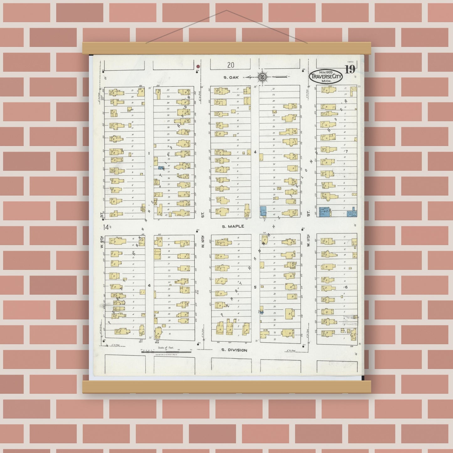 Old map wall art mockup — magnetic wood frame on brick wall — Sanborn Fire Insurance Map from Traverse City, Grand Traverse County, Michigan (1920), Sheet #0019