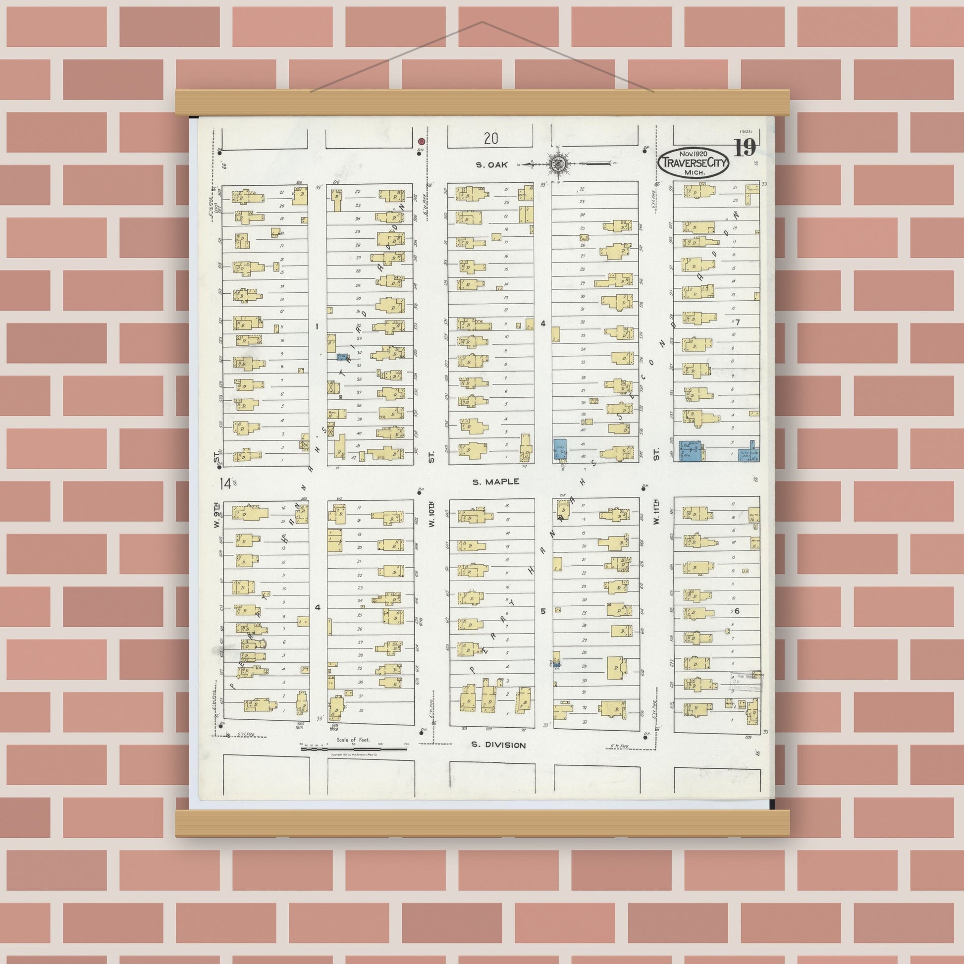 Old map wall art mockup — magnetic wood frame on brick wall — Sanborn Fire Insurance Map from Traverse City, Grand Traverse County, Michigan (1920), Sheet #0019
