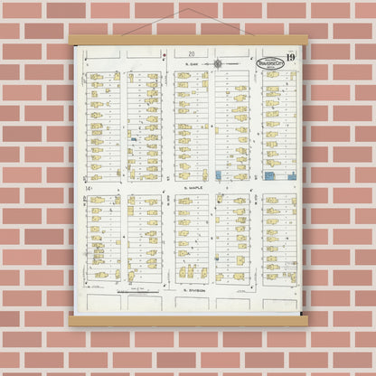 Old map wall art mockup — magnetic wood frame on brick wall — Sanborn Fire Insurance Map from Traverse City, Grand Traverse County, Michigan (1920), Sheet #0019