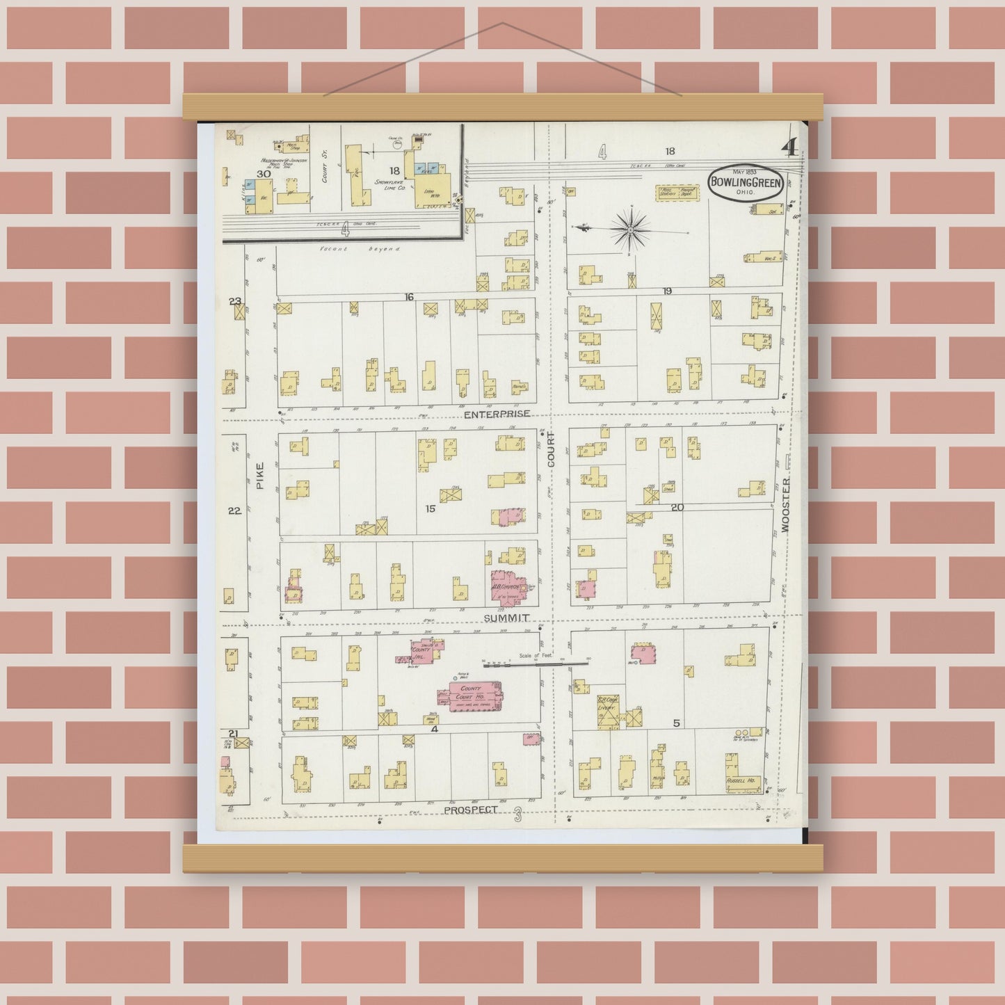 Old map wall art mockup — magnetic wood frame on brick wall — Sanborn Fire Insurance Map from Bowling Green, Wood County, Ohio (1893), Sheet #0004