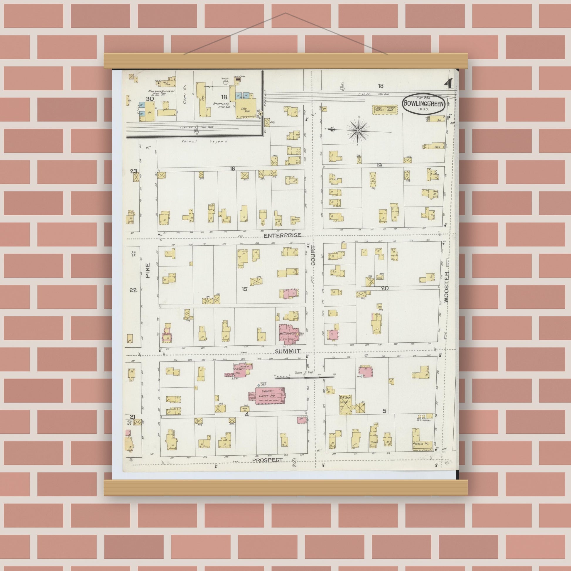 Old map wall art mockup — magnetic wood frame on brick wall — Sanborn Fire Insurance Map from Bowling Green, Wood County, Ohio (1893), Sheet #0004