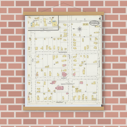 Old map wall art mockup — magnetic wood frame on brick wall — Sanborn Fire Insurance Map from Bowling Green, Wood County, Ohio (1893), Sheet #0004